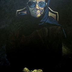 Painting by Claude Marquis from the Teflon Father Series (1994) depicting a symbolic female figure inspired by a real portrait session, shown in surreal psychological style.