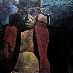 Painting by Claude Marquis from the Teflon Father Series (1994) depicting the artist’s father seated in a judge outfit, half-naked and transformed into a symbolic figure in a surreal psychological style.