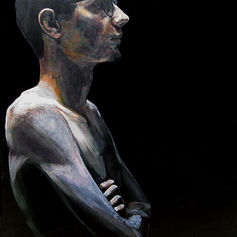 Worriers (1996) painting #3 by Claude Marquis, portrait of figure, black background, Mercury Lounge Ottawa