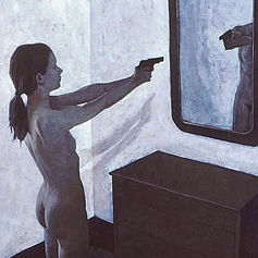 Painting by Claude Marquis from the Martyrs series, dramatic martyr figure with symbolic gestures, acrylic by Claude Marquis.