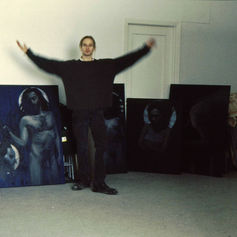 Claude Marquis in his studio with Crusades Series paintings, 1996, Ottawa artist, Canadian contemporary painter