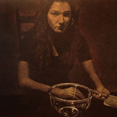 Painting by Claude Marquis from the Teflon Father Series (1994) depicting a female model as a younger version of the Mother character holding a knife, transformed into a symbolic figure in a surreal psychological style.