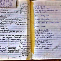Lyrics sheet for "Love Thy Neighbour" from the album Love Question Mark, written by Claude Marquis. Shows handwritten notes and song structure, reflecting the creative process behind the track.