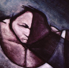 Painting by Claude Marquis from the Teflon Father Series (1994) depicting a stylized version of the Teflon Father character wearing a tank top, transformed into a symbolic figure in a surreal psychological style.