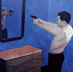 Painting by Claude Marquis from the Martyrs series, martyr figure in a symbolic landscape, by Claude Marquis.
