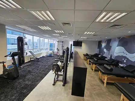 Ambiente de tratamento com piso de gramado sintético, macas e equipamentos de musculação.