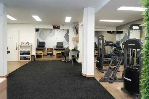 Ambiente de tratamento com piso de gramado sintético, macas e equipamentos de musculação.