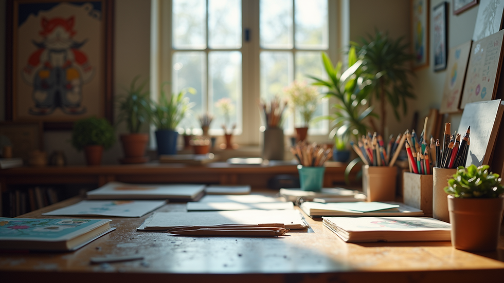 Eye-level view of a cozy creative studio filled with art supplies