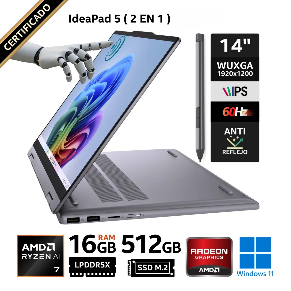 Laptop Lenovo Ryzen7 Ai 350 IdeaPad 5 TACTIL 2en1 16GB 7500 512GB 14" Español