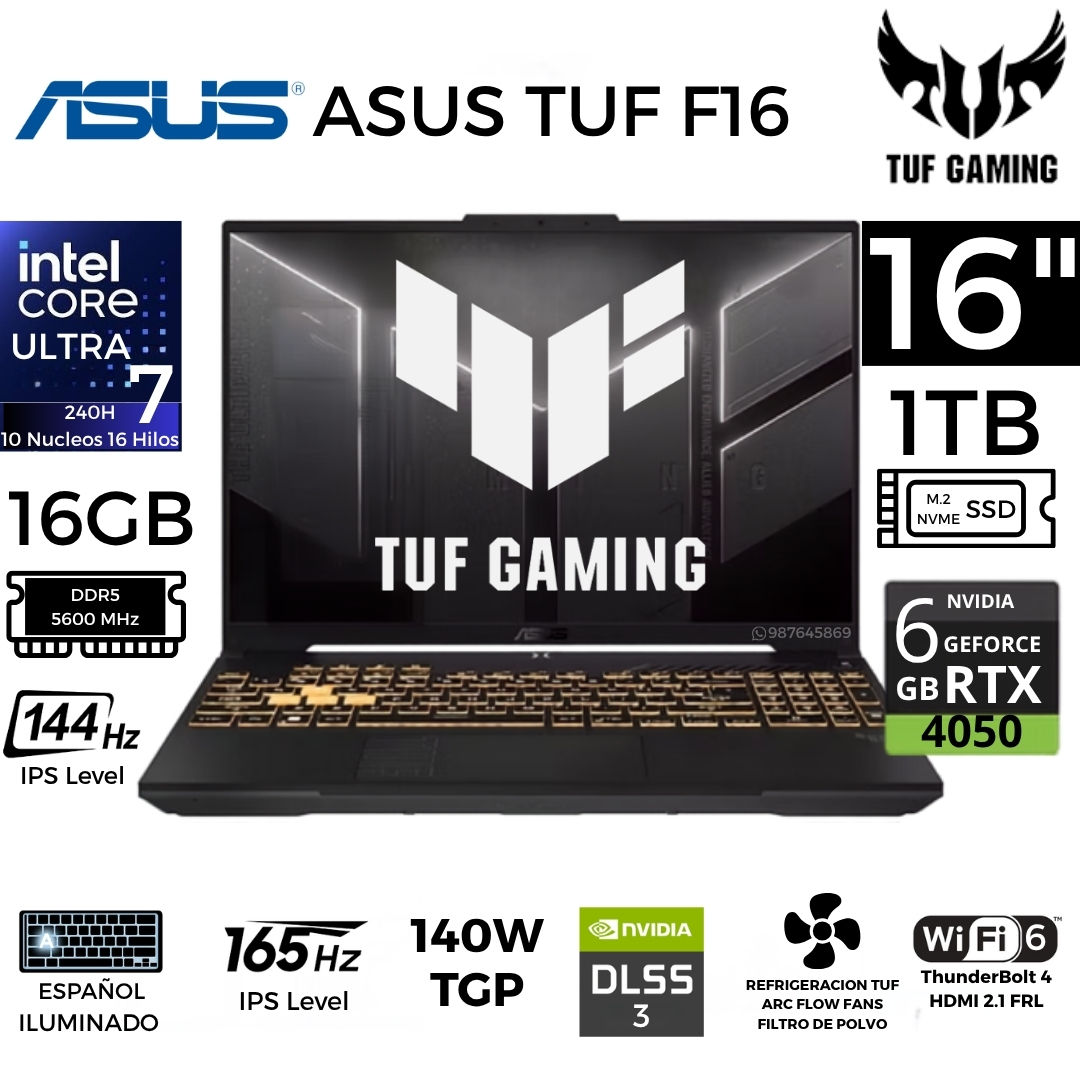 LAPTOP ASUS TUF F16 FX607VU-RL228 90NR0N06-M00HN0 COREI7 ULTRA RTX4050 6GB