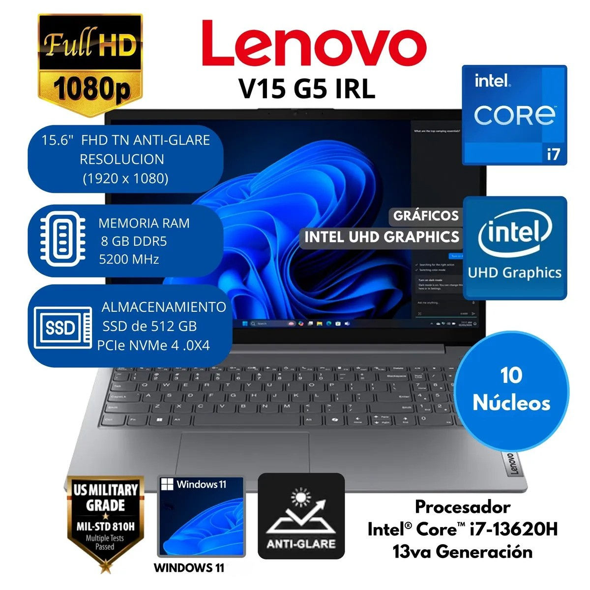 Laptop Lenovo Corei7 13620H V15 8GB DDR5 512GB Gen4 15.6" FHD
