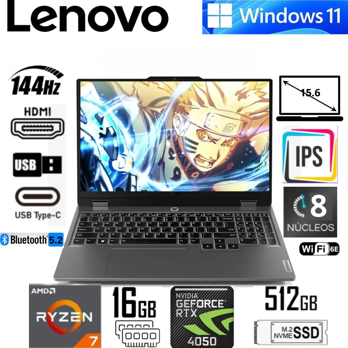 Laptop Lenovo Ryzen7 7735HS LOQ Essential RTX4050 6GB 144Hz 16GB 4800 512GB 15.6