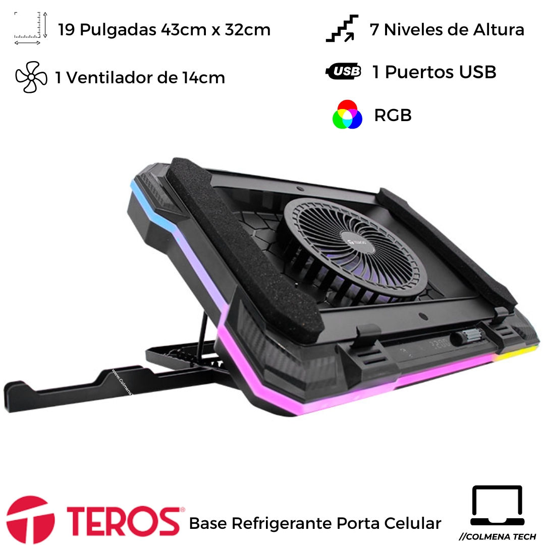 Cooler para Laptop Teros 19" 7 Niveles 2 Puertos USB RGB 1 Fan Porta Celular Base Refrigerante TE-7133N vista principal