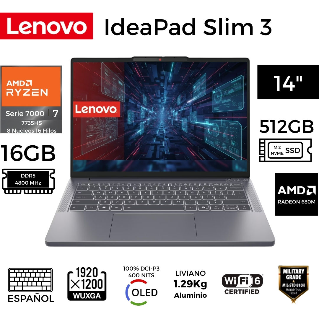 LENOVO IDEAPAD SLIM 3 14ARP10 199272392606 83K6005DLM RYZEN7 14 PULGADAS