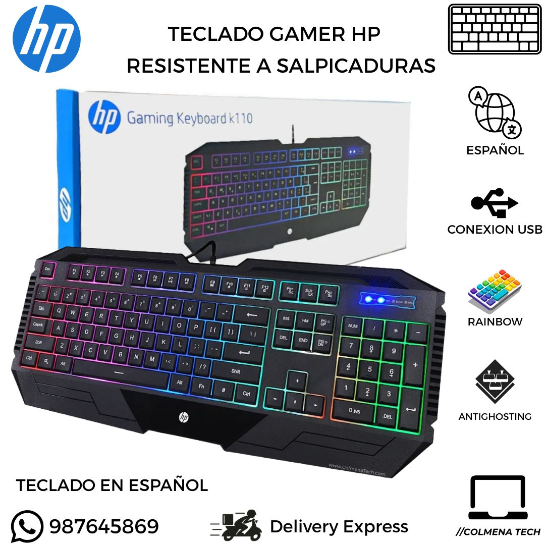 Teclado Alambrico HP K110 Gaming Español AntiGhosting Antiderrame RGB 6948391226347 7JH31AA#ABM vista principal