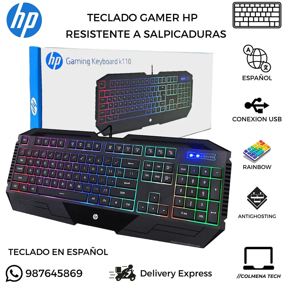 Teclado Alambrico HP K110 Gaming Español AntiGhosting Antiderrame RGB 6948391226347 7JH31AA#ABM vista principal