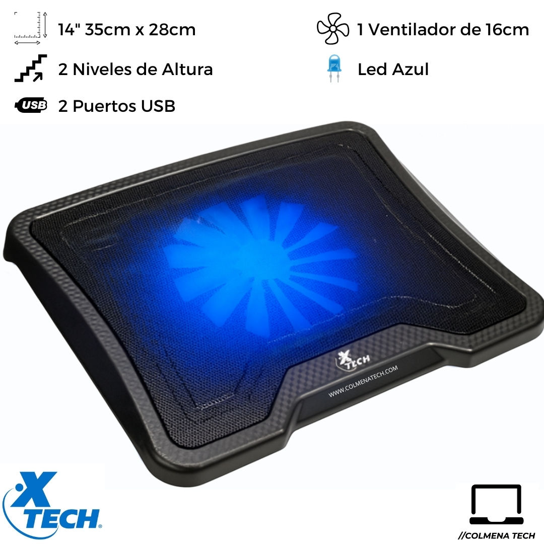 Cooler para Laptop XTech 14 Pulgadas 2 Niveles 2 Puertos USB Iluminacion Azul XTA150 798302161467 vista principal