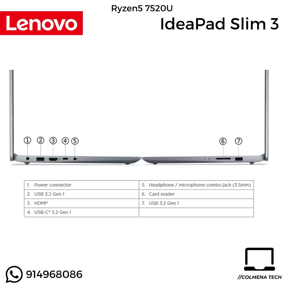 Miniatura: LAPTOP NOTEBOOK LENOVO RYZEN5 IDEAPAD SLIM 3 15AMN8 198155792496 82XQ00N6LM VISTA PUERTOS DETALLE TECNICO