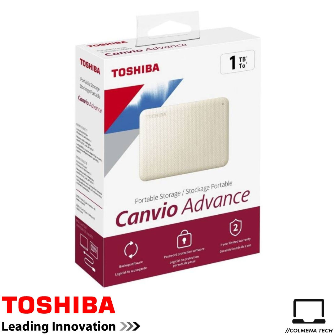 Disco Duro Externo 1TB Toshiba Advance HDTCA10KW3AA almacenamiento portatil blanco canvio backup vista de caja