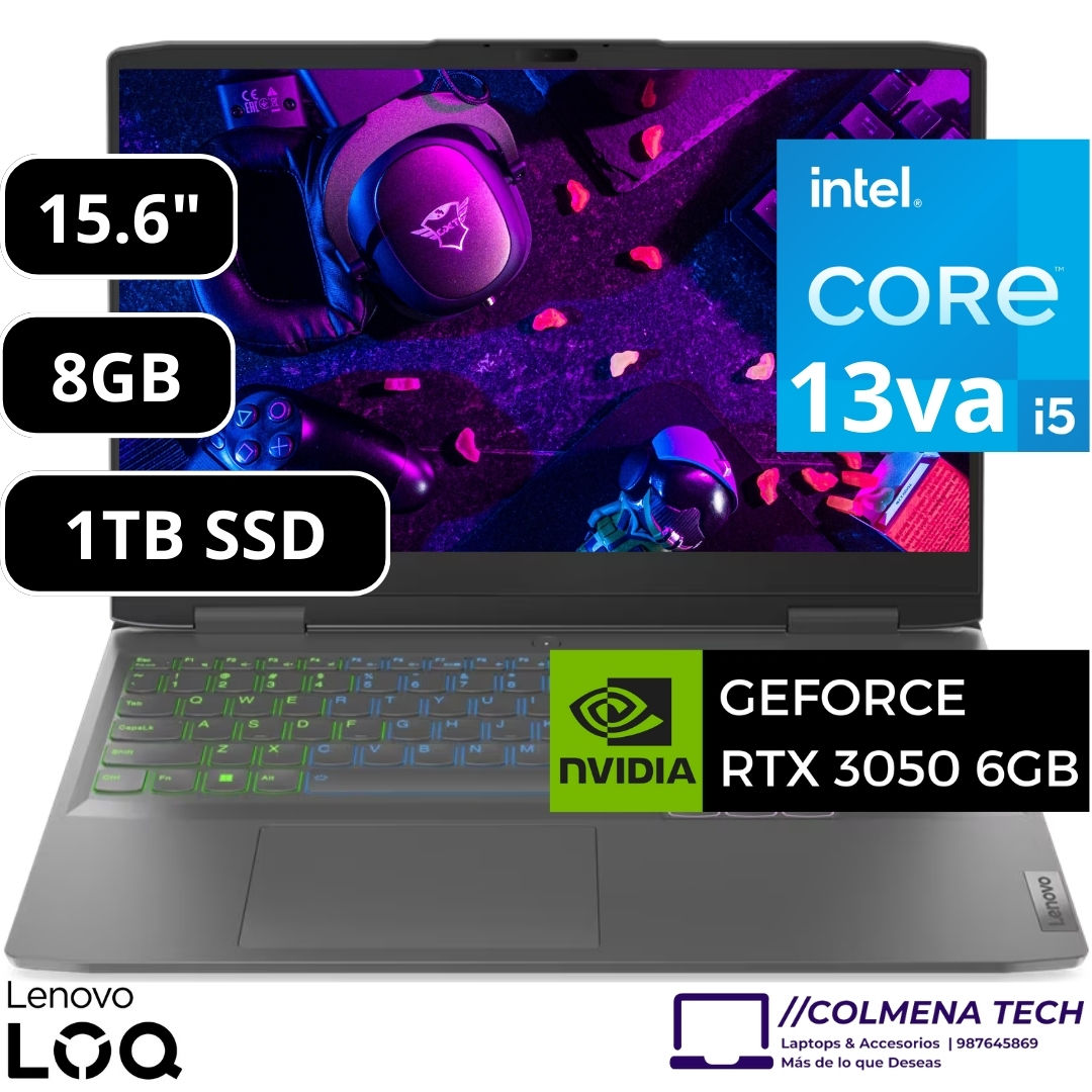Laptop Lenovo LOQ Gaming Corei5 13va Vista frontal con detalles tecnicos