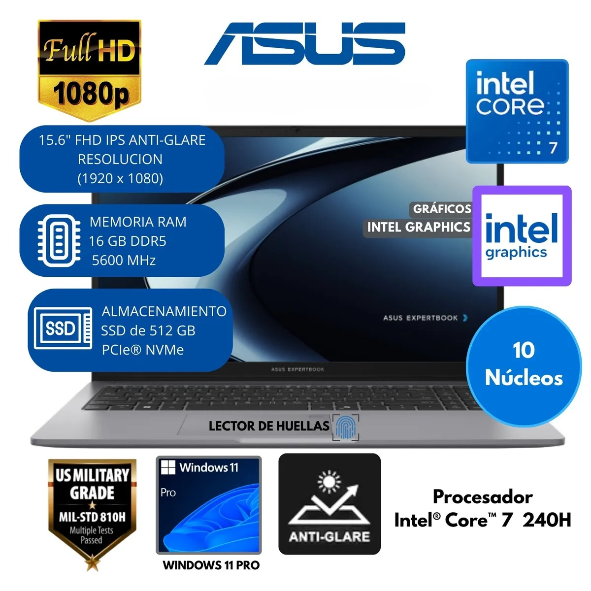 Laptop Asus Corei7 ULTRA 240H ExpertBook P1 16GB DDR5 512GB 15.6" Huella RJ45