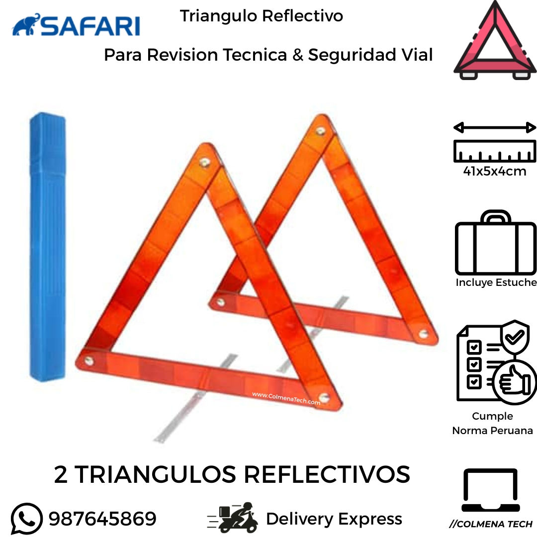 2 Triangulos Viales de Seguridad Reflectivos - Marca Safari - Normativa Peruana WT-53002 vista PRINCIPAL