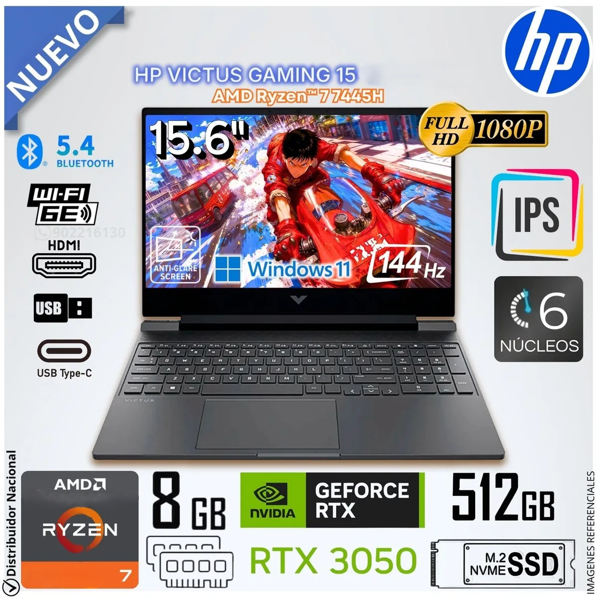 Laptop HP Ryzen7 7445H Victus 15 RTX3050 6GB 144Hz 8GB DDR5 5600 512GB Español