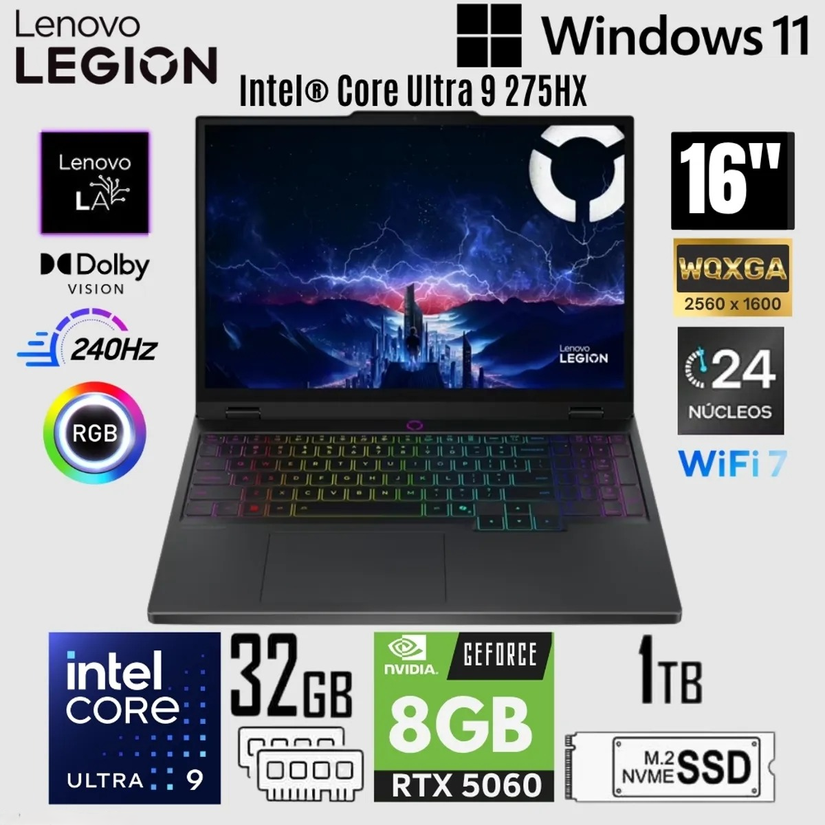 Laptop Lenovo Corei9 Ultra 275HX Legion 5 RTX5060 8GB 240Hz 32GB 1TB WQXGA W11