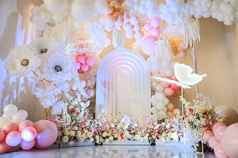 Arch decoration pink, white balloons, text Happy Birthday, decorated flowers Children's ph