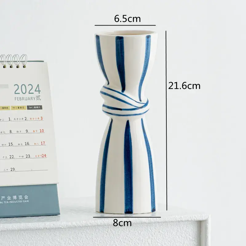 Thumbnail: Double Ear Ceramic Vase, Abstract Black and White Striped
