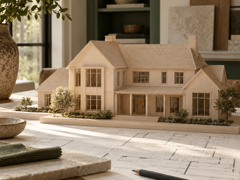 Concept illustration of a residential architectural model and drawings for home planning.