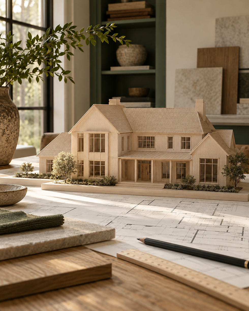 Concept illustration of a residential architectural model and drawings for home planning.