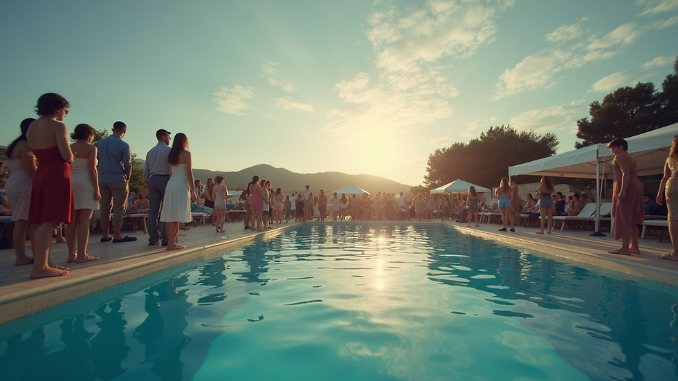 Vue en plongée d’un événement en plein air avec une scène et un public attentif