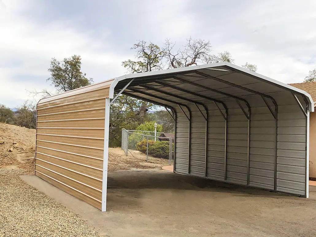 Heavy-duty rounded roof carport with galvanized steel framing and enclosed sides