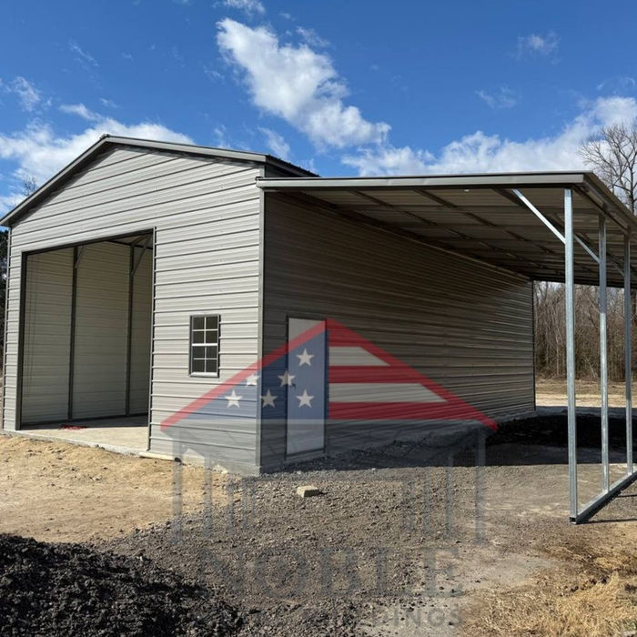Light gray Texas metal carport with attached storage room and roll-up door, functional steel building for Texas property owners.