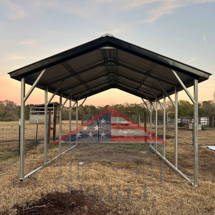 Black frame gable roof metal carport on rural Texas property, affordable steel shelter solution.