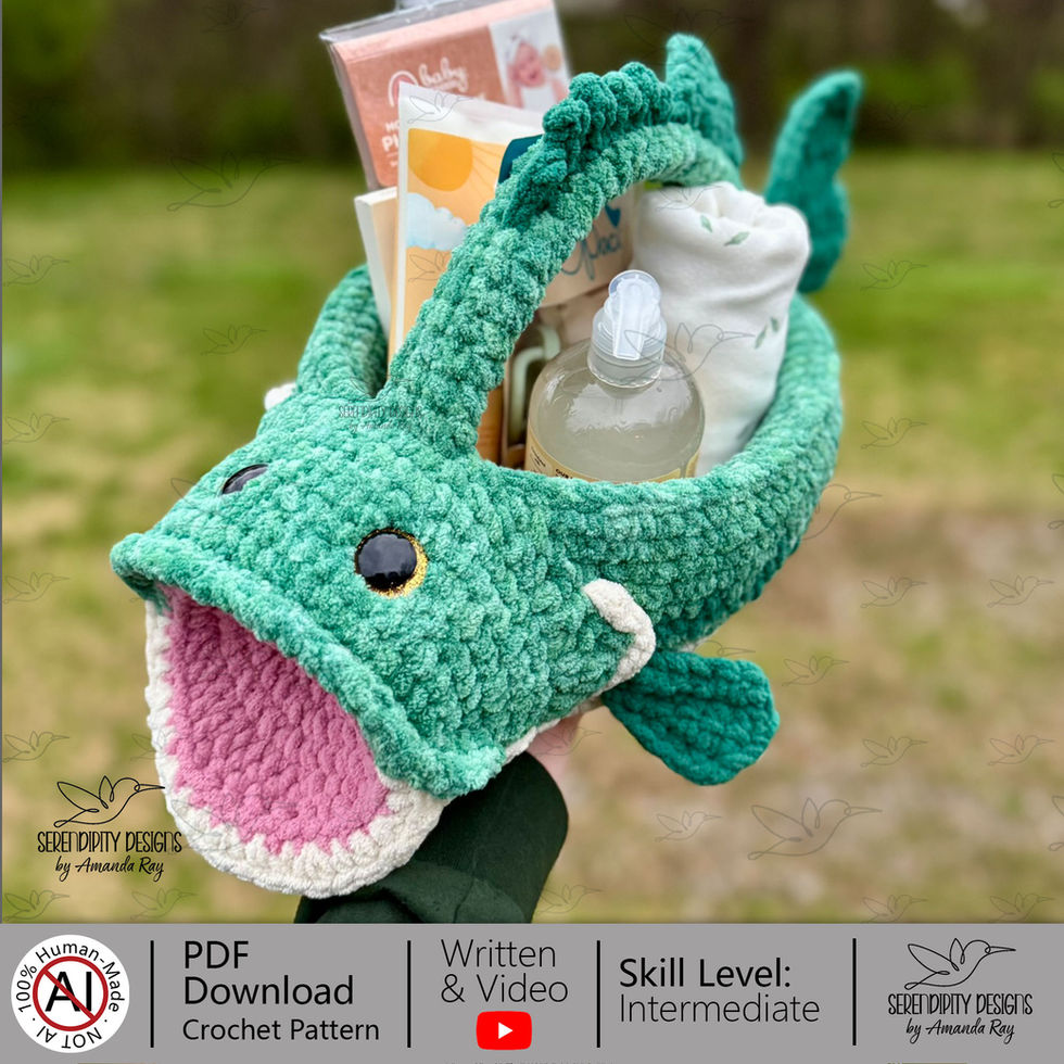 A largemouth bass shaped basket made with crochet green plush yarn. The bass-ket is filled with baby shower gifts. crochet pa