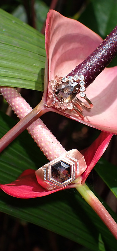 black salt and pepper diamond custom rose gold wedding ring set with tropical flowers