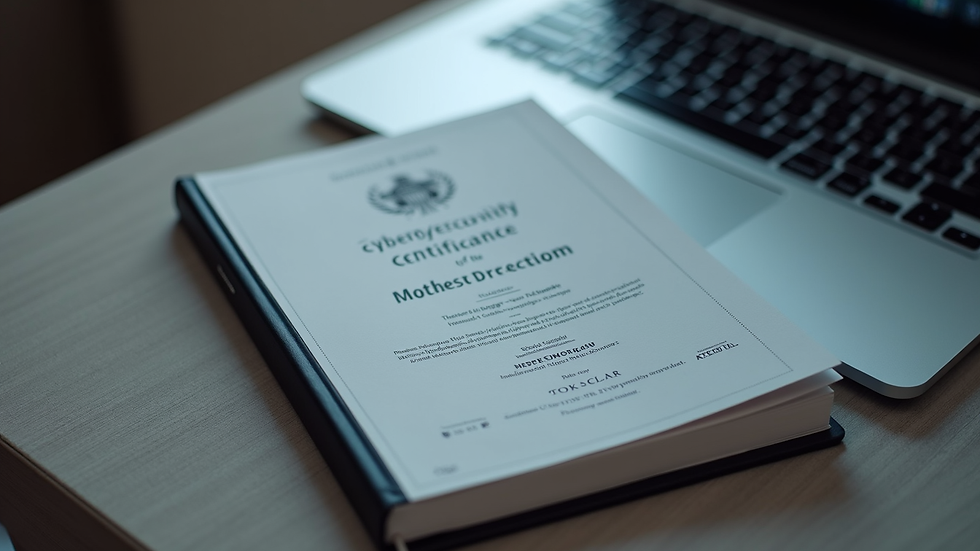 High angle view of a cybersecurity certification book and a laptop