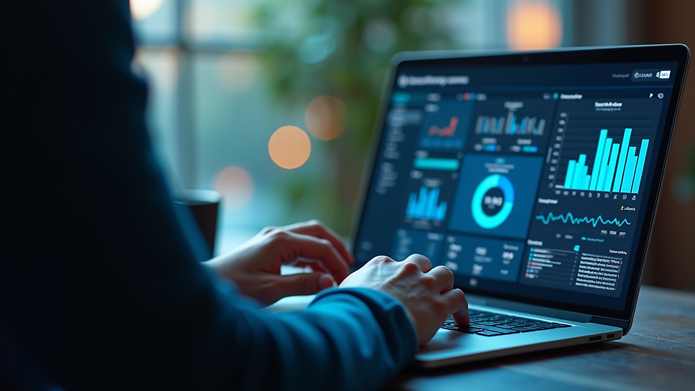 Close-up view of a person working on a laptop with cybersecurity dashboards