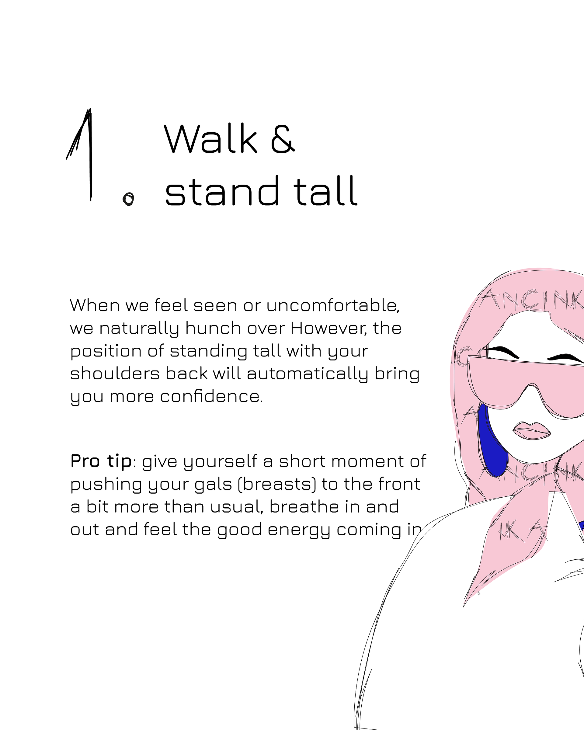 Text about how to stand more tall and walk confidently