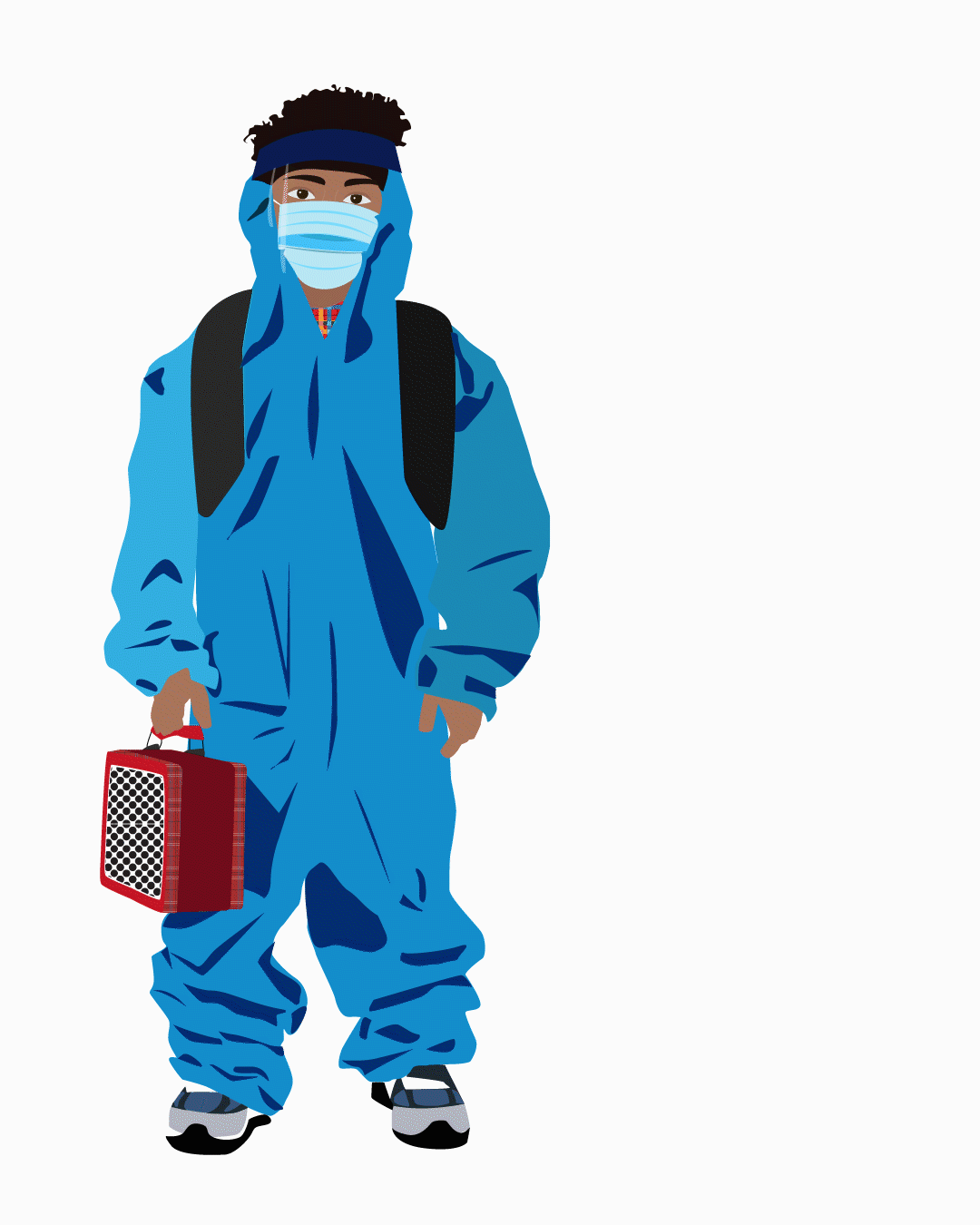 An Illustrationive GIF of a small afro boy in a covid suit holding his lunch pack while wearing a backpack