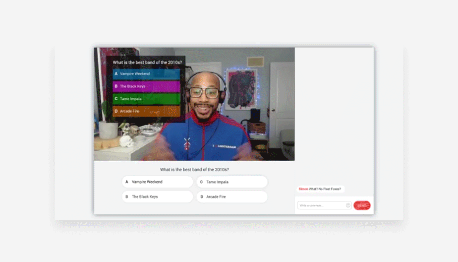 A live commerce stream showing a host taking a poll