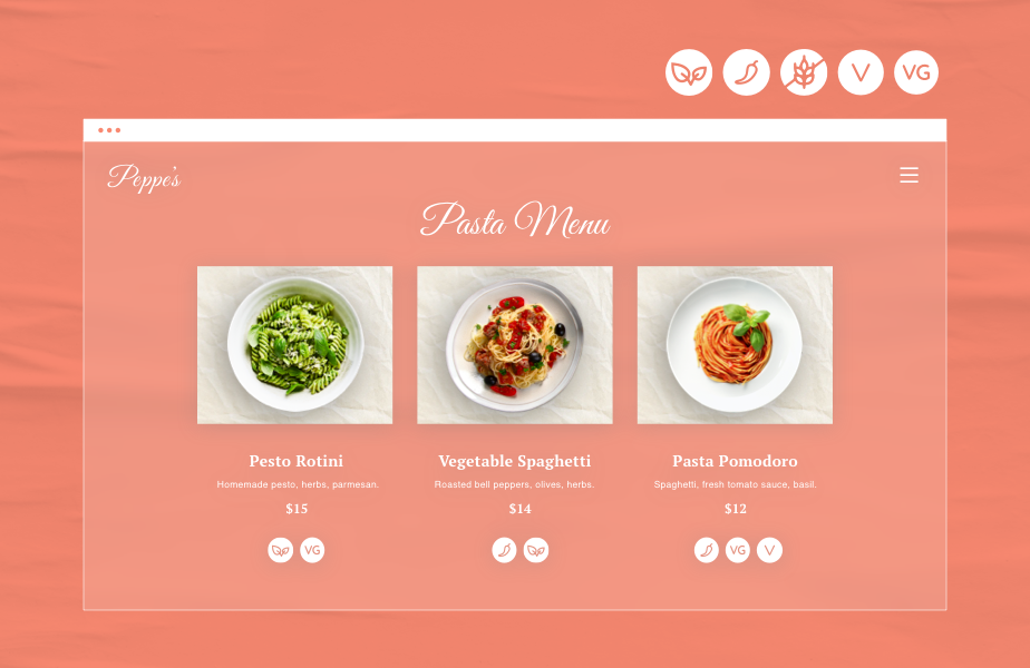 A pasta menu tagged with icons that indicate whether the dishes are organic, spicy, grain-free, vegan, or vegetarian.