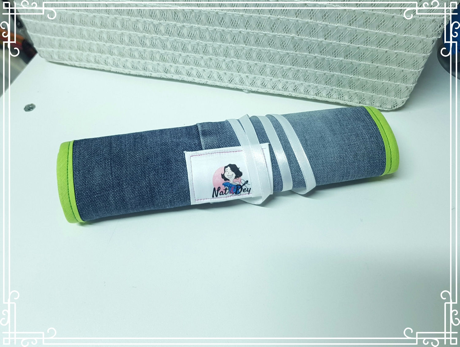 KABOCHON, la pochette à bijoux JEANS USED/ FLEURS VERT