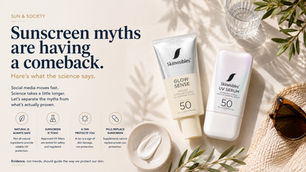Sunscreen tubes, skincare ingredients and smartphone representing social-media sunscreen myths and evidence-based skincare information.