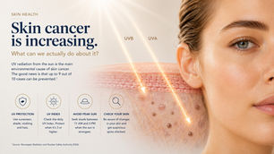 Close-up of healthy facial skin combined with a scientific illustration showing UV radiation penetrating through layers of skin.