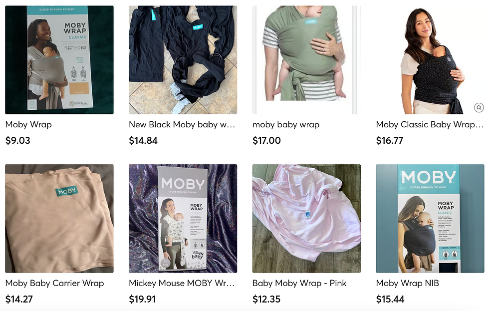 screenshot of second-hand baby wrap listings