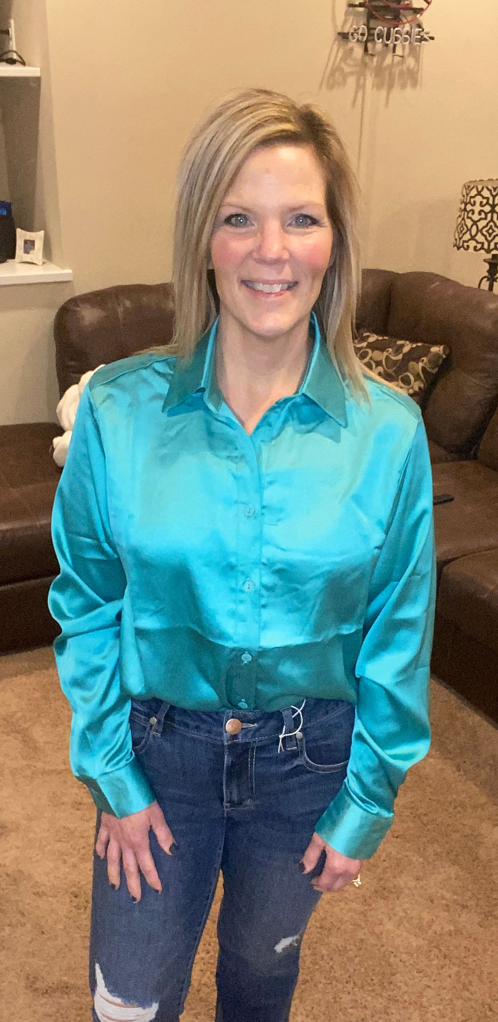 Thumbnail: Sage Satin Long Sleeve Blouse