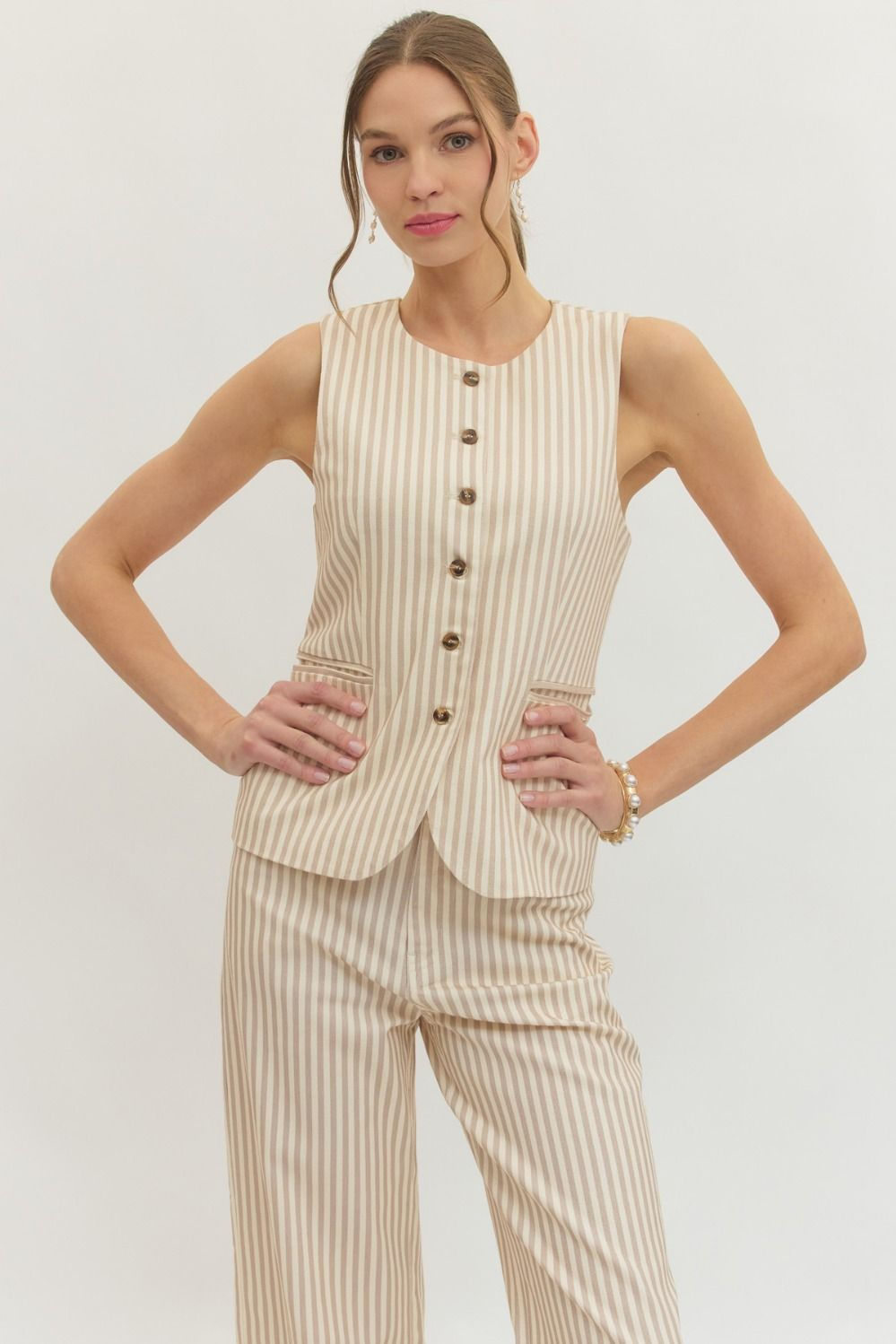 Tan Stripe Sleeveless Button Top